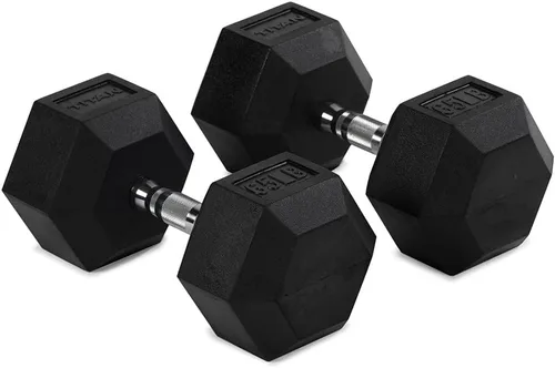 Vista 16 de Titan Fitness Pair Rubber Coated Hex Dumbbells, Roll-Resistant Hexagonal Free Weights, Chrome-Coated Handles with Knurling, Strength Training
