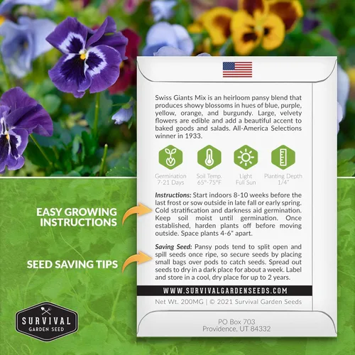 Vista 2 de Survival Garden Seeds - Semillas de pensamiento Swiss Giant Mix para plantar - Paquete con instrucciones para plantar y cultivar pensamientos