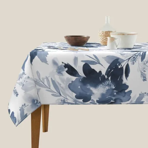 Vista 4 de Mantel floral azul marino de 54 x 54 pulgadas, mantel cuadrado de flores azul oscuro y blanco, mantel de poliéster para fiestas de vacaciones