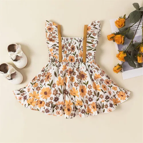 Vista 2 de PATPAT Vestido de verano para niñas con girasol, manga con volantes, casual, vestido de playa, falda de princesa, vestidos de verano