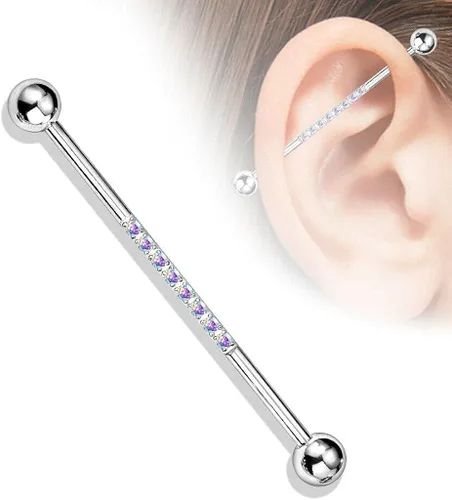 Vista 2 de Blue Palm Jewelry Barra industrial de acero quirúrgico 316L de calibre 2-14, 1.496in, 316L, con circonita cúbica forrada en barra de oro rosa IP