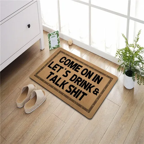 Vista 6 de Divertida alfombra de bienvenida para entrada interior y porche, alfombra de decoración de porche con texto en inglés "Come On In Let's Drink and