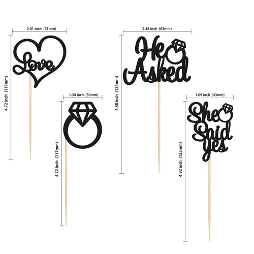 Vista 2 de Gyufise Paquete de 24 adornos para cupcakes con purpurina negra con la frase "He Asked She Said Yes" para cupcakes, anillos de corazón con purpurina