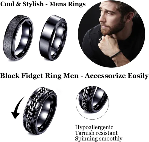 Vista 2 de LOWNOUR Anillos antiestrés para la ansiedad, 6 unidades, anillos de acero inoxidable para hombres, anillos giratorios negros para la ansiedad, juego