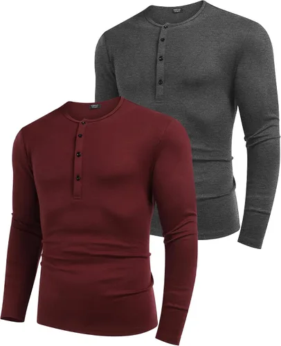 Vista 2 de COOFANDY Paquete de 2 camisetas básicas de algodón para hombre, de manga larga, ligeras, casuales, de algodón