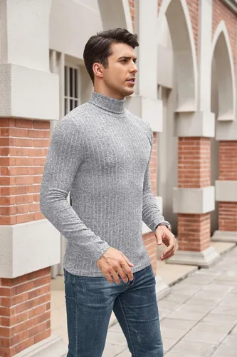 Vista 3 de HiMONE Camisas de cuello alto para hombre, ligeras, de manga larga, cuello de tortuga, acanaladas, térmicas, tallas S-XXL