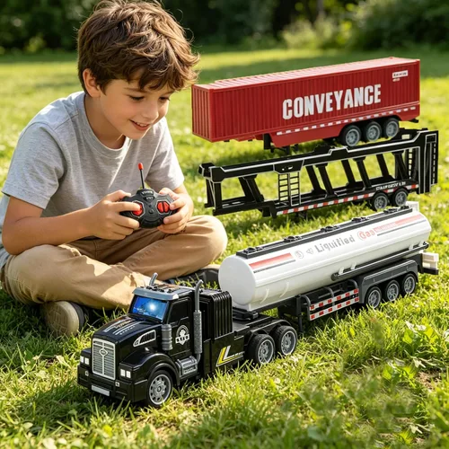 Vista 3 de Juego de juguetes de camión RC 3 en 1, incluye transportadores de automóviles, camiones cisterna y camiones contenedores, camión de juguete de Negro