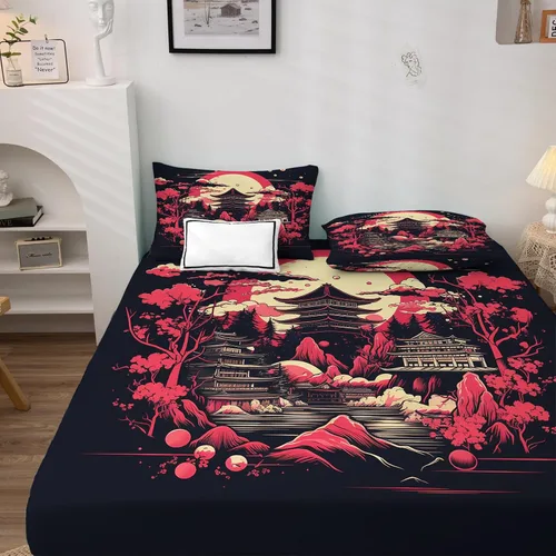 Vista 3 de Sábanas japonesas tamaño Queen – Sábanas de cama de estilo asiático, microfibra suave, bolsillo profundo, sábanas y fundas de almohada estampadas