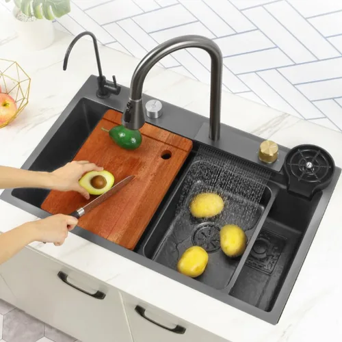 Vista 2 de Fregadero de cocina negro con cascada, fregadero de barra de acero inoxidable de un solo cuenco con lavavasos, fregadero de cocina de estación