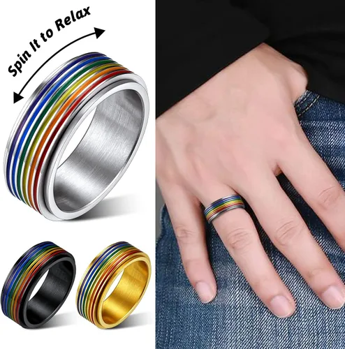 Vista 2 de FaithHeart Anillos para ansiedad LGBT Pride Rainbow, acero inoxidablechapado en oro de 18 quilates, joyería de amor es amor para hombres y mujeres