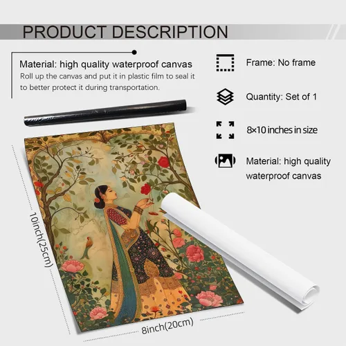 Vista 2 de Haitunone Arte de pared de mujer india paquistaní tradicional, póster de pintura floral feminista estilo mogol, impresiones en lienzo para sala