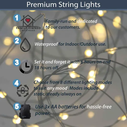 Vista 8 de Luces de Navidad al Aire Libre de QBIS - Cadena de Luces de Hadas que Funcionan con Pilas con Pequeñas LED Blancas Cálidas, Cable Verde