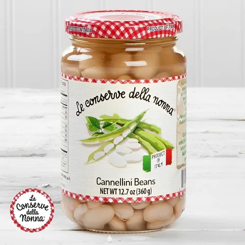 Vista 3 de Le Conserve Della Nonna Cannellini Frijoles en tarro de vidrio, frijoles conservados italianos, sin conservantes artificiales añadidos, ingredientes
