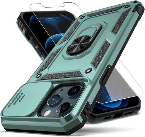 Vista 10 de Funda para iPhone 12 Pro Max, con cubierta para lente de cámara, protector de pantalla HD, [grado militar] anillo de montaje en coche con soporte