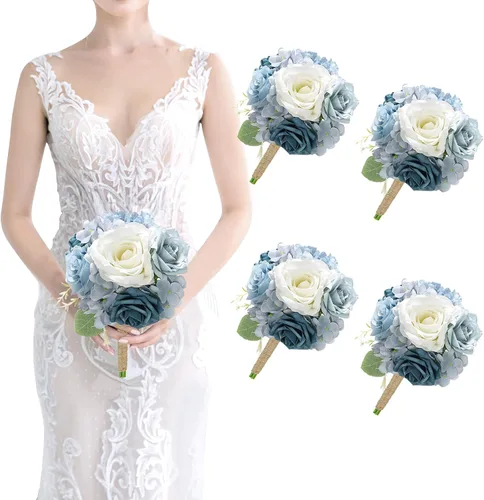 Vista 10 de Ramo de dama de honor artificial para boda, ramo de flores de seda prefabricadas de 7 pulgadas, ramo de flores pequeñas para dama de honor