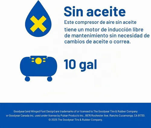 Vista 5 de Goodyear - Compresor de aire eléctrico vertical portátil sin aceite, 10 galones, 150 PSI
