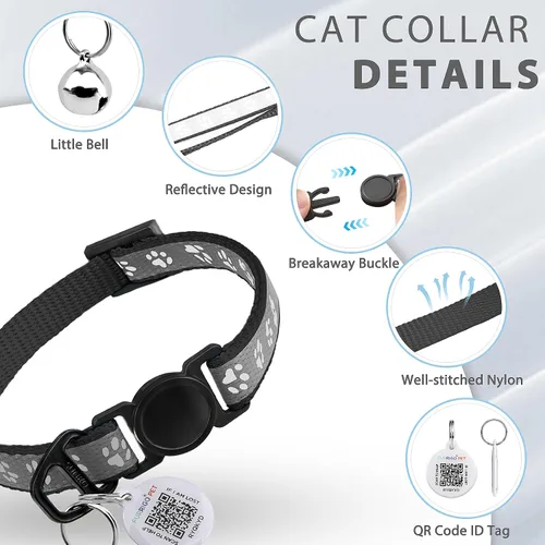 Vista 7 de Collar de Gato con Liberación de Seguridad con Etiqueta de Nombre de Código QR, Collares Reflectantes para Gatitos con Cascabel, Etiqueta