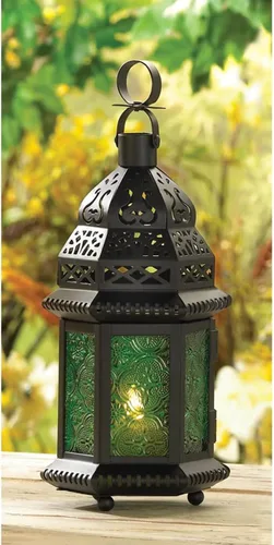 Vista 2 de Farol marroquí verde de vidrio (1 linterna)