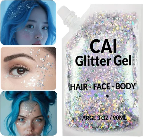 Vista 8 de Gel de purpurina para rostro, cuerpo y cabello, purpurina de Halloween para niños y mujeres, gel de grado cosmético de 3 onzas con luna y estrellas