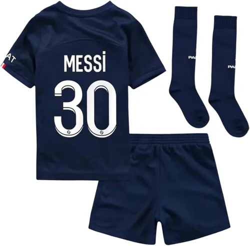 Vista 3 de Paris Messi Blue Home 2223 - Conjunto de camiseta de fútbol para niños, pantalones cortos y calcetines, tamaño S (6-7 años) para jóvenes, Azul