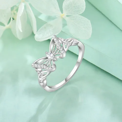 Vista 2 de FJ Anillo de mariposa de plata de ley con diseño de animales vintage celta