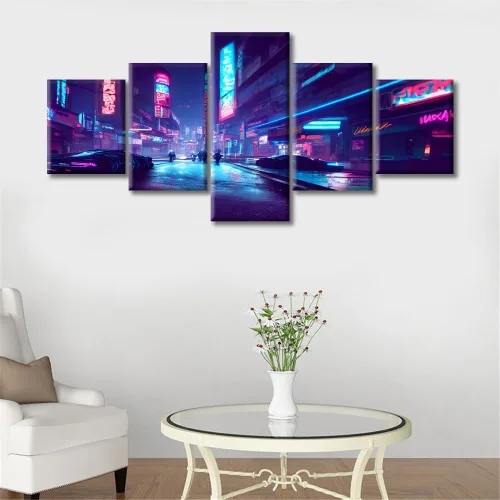 Vista 386 de Cuadros de 5 paneles de Cyberpunk City, arte de pared, representación de vallas publicitarias, edificios modernos en la capital con obras de arte