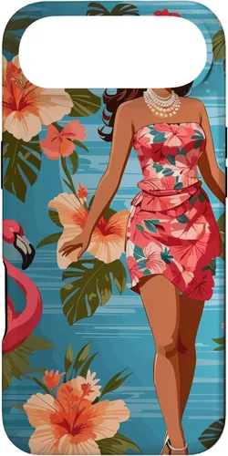 Vista 26 de iPhone 12 Pro Max Vintage Tiki Design - Funda hawaiana retro de flores hula y flamencos