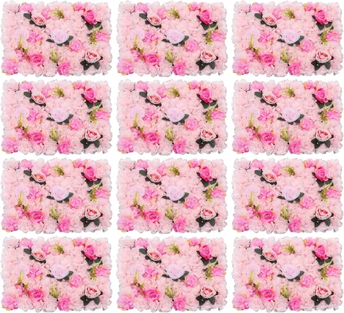 Vista 25 de Paneles de pared de flores 3D, 12 paneles de pared de flores artificiales, rosas de seda, fondo de pared de flores sintéticas decorativas