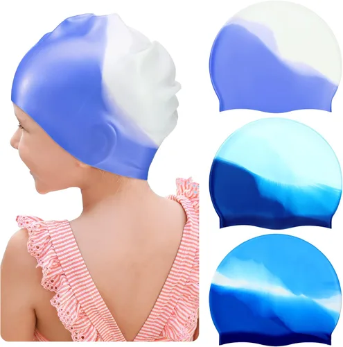 Vista 9 de Zhanmai 3 Pieces Kids Swim Caps for Long Hair Silicone Swimming Cap for Girls Boys Kids Teens with Long Curly Hair Braids Dreadlocks Large