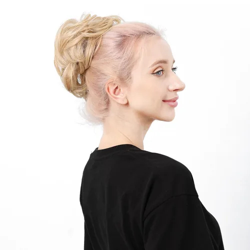 Vista 6 de Moño desordenado, moño sintético ondulado para coleta, extensiones de cabello rizado (rubio claro)