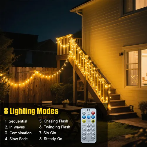 Vista 4 de Luces de Navidad con 8 modos de iluminación, 200 luces LED de 66 pies con control remoto, cadena de luces recargables para exteriores, decoraciones