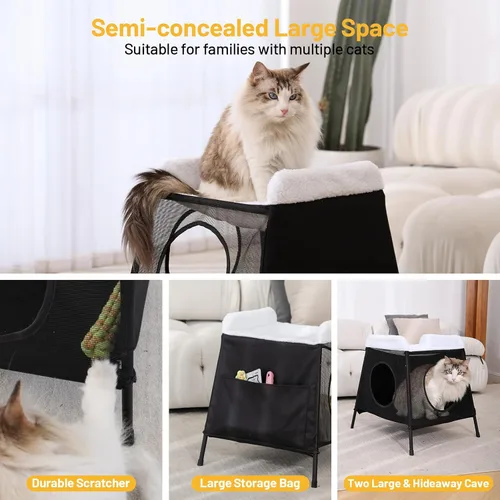 Vista 3 de Cama elevada para gatos con hamaca para gatos, casa para gatos de interior de 2 pisos con cueva y funda lavable, muebles para varios gatos