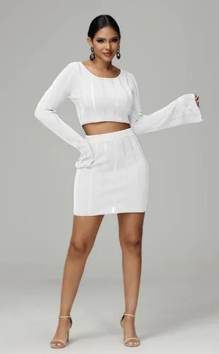 Vista 2 de Ekaliy Sexy Bodycon 2 Piece Outfits for Women Night Out Dresses with Knit Long Bell Sleeve Casual Outfits Dress