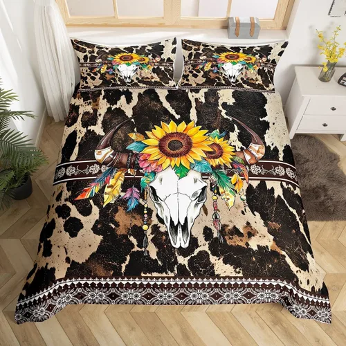 Vista 14 de Erosebridal Funda de edredón de piel de vaca marrón con estampado de vaca de las tierras altas, juego de ropa de cama occidental exótico azteca