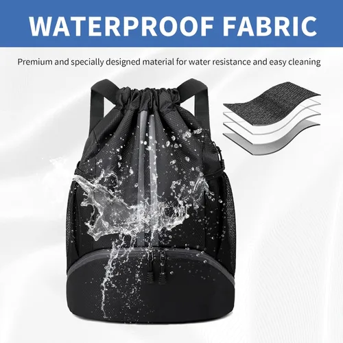 Vista 5 de Mochila de gimnasio con cordón y compartimento para zapatos, para fútbol, baloncesto, natación, resistente al agua, mochila de playa para mujeres