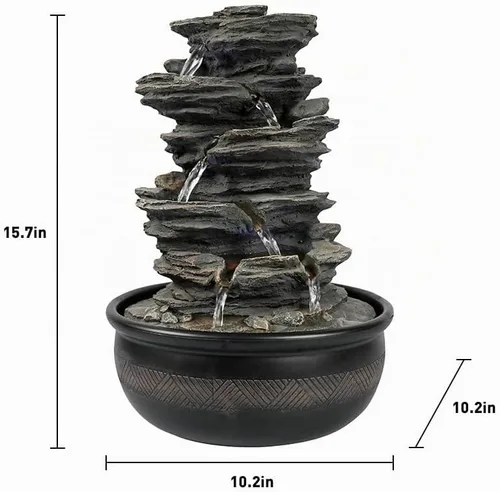 Vista 3 de Fuente de agua de mesa xpiyaer de 39.9 cm de alto con cascada de roca y luces LED - Fuente de cascada de relajación de interior de 5 niveles