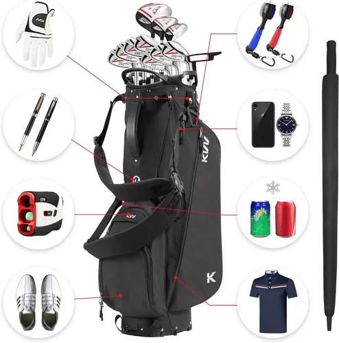 Vista 5 de KVV Bolsa de golf ligera con soporte con divisores de longitud completa de 7 vías, 5 bolsillos con cremallera, correas dobles ajustables