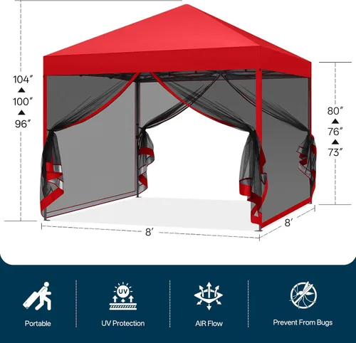 Vista 2 de MASTERCANOPY Toldo desplegable para exteriores de fácil instalación con paredes de malla (8 x 8 pies, rojo) Silver‑coated Waterproof UV‑blocking