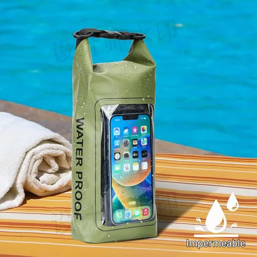 Vista 8 de Bolsa seca impermeable de 2 litros, funda enrollable para teléfono de playa, bolsa seca ligera para natación, kayak, campamento, pesca, viajes, Verde