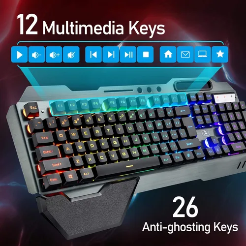 Vista 5 de Teclado inalámbrico para juegos y altavoz de computadora con cable con batería recargable con retroiluminación RGB arco iris mecánico ergonómico
