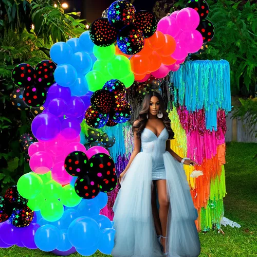 Vista 5 de Kit de arco de globos de neón UV que brillan en la oscuridad, globos de arco iris, rojo, azul, amarillo, verde, suministros de fiesta fluorescentes