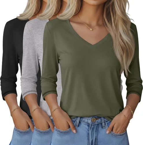 Vista 21 de Ficerd Paquete de 3 camisetas de manga 3/4 para mujer, cuello en V, blusas holgadas, blusas casuales, ropa de moda 2026