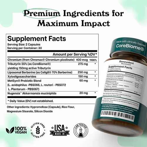 Vista 6 de Benevolent Glp-1 Support Simbiótico 5 en 1 con Akkermansia, MetSyn®, Chromax® y berberina liposomal Suplemento natural de probióticos GLP 1