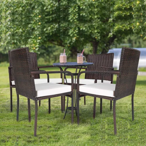 Vista 5 de Juego de 4 sillas de mimbre para patio al aire libre, con marco de acero resistente y cojines suaves, juego de comedor al aire libre resistente a