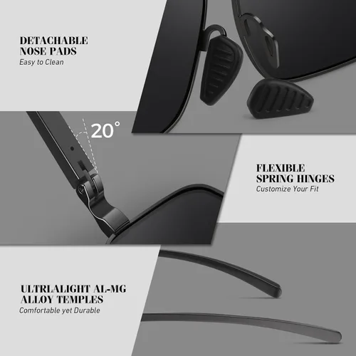 Vista 4 de Lentes de sol polarizados para hombre, ultra ligeros Al-Mg con bisagras de resorte, 100% protección UV400 para hombre Lente gris oscuro del marco