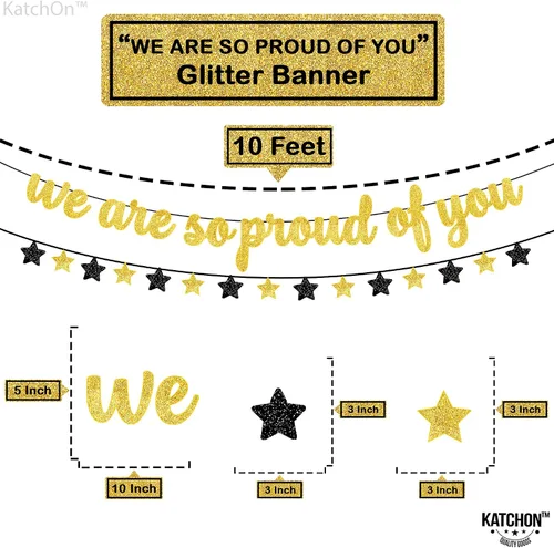 Vista 4 de KatchOn, Cartel con texto en inglés «We are So Proud of You» – Cartel de graduación con purpurina, guirnalda de graduación, decoraciones