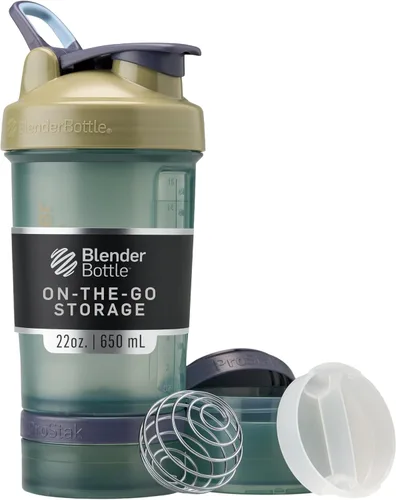 Vista 10 de BlenderBottle - Botella mezcladora con organizador de pastillas y almacenamiento para polvo proteínico, sistema Classic V2 ProStak, 22 onzas, azul