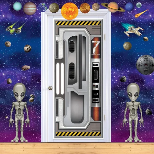 Vista 4 de Beistle Juego de 2 cubiertas de plástico para puerta de nave espacial, decoraciones para el espacio exterior, galaxia temática alienígena