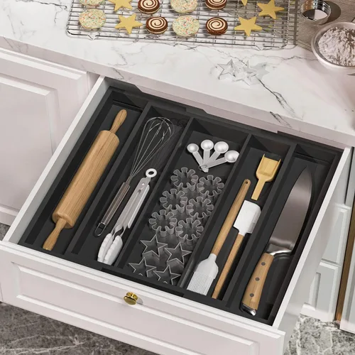 Vista 5 de Organizador de utensilios de cocina, bandeja de cubiertos – Organizador de cubiertos de bambú expandible, 5 ranuras, organizador de cubiertos Negro