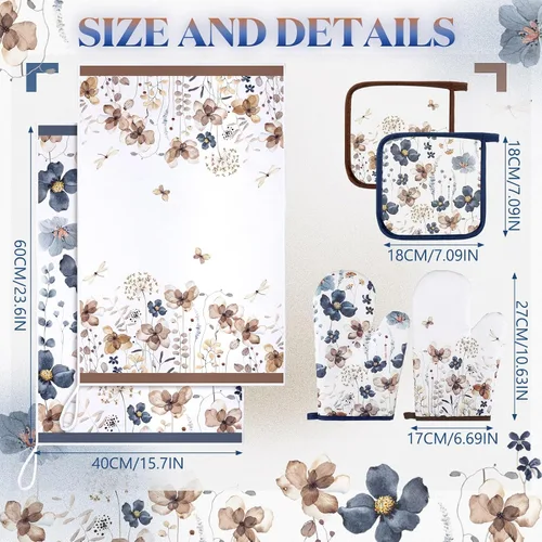 Vista 5 de Teenyyou Juego de 6 toallas de cocina con estampado floral de amapola marrón primavera, guantes de horno y agarraderas, decoración de flores